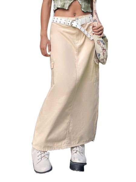 

flap pocket split back denim skirt without belt e7fa#, Black