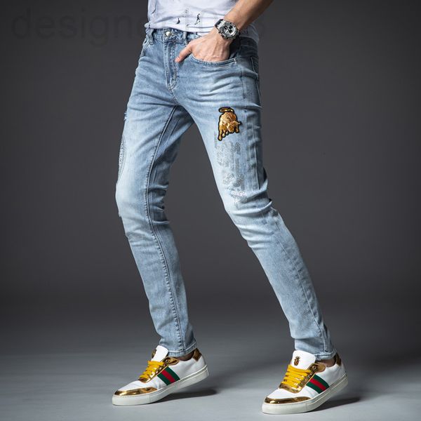 

men's jeans designer autumn high-end jeans men's fashion brand light color hole embroidery trend slim pants nnl6, Blue