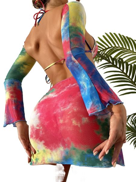 

tie dye halter triangle bikini swimsuit with beach skirt b0vn#, White;black