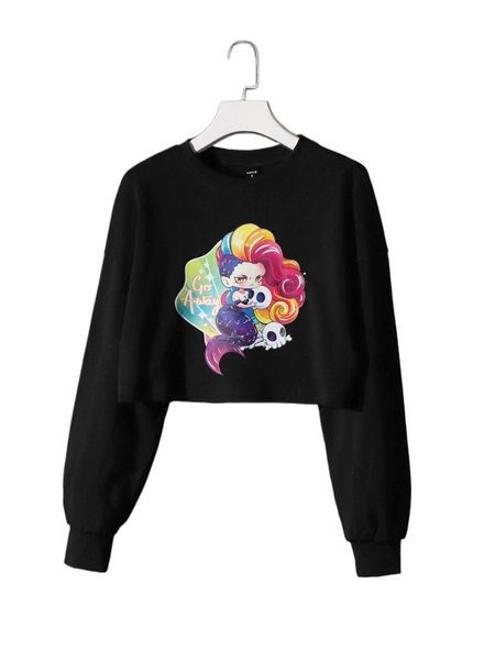 

x mako fufu letter & cartoon graphic drop shoulder crop sweatshirt e3of#, Black