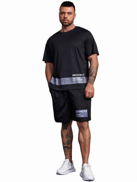 

extended sizes men letter graphic colorblock tee & shorts e4v2#, Gray