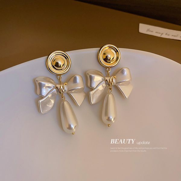 

925 silver stud bow pearl water drop earrings french style temperament special-interest design eardrops internet celebrity high-grade earrin, Golden