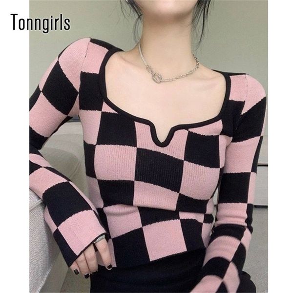 Tonngirls de malha camiseta mulheres vestuário mulheres rosa xadrez quadrado colar senhoras manga longa coreana magro magro Cropped Tees 220321