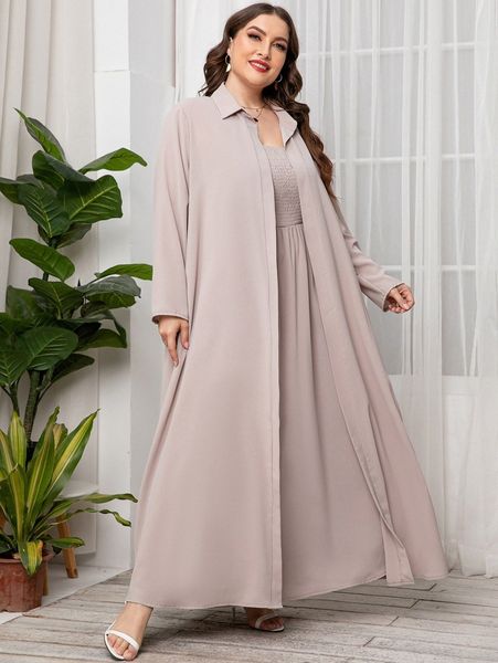 

plus solid open front coat & shirred maxi dress r2rv#, Black