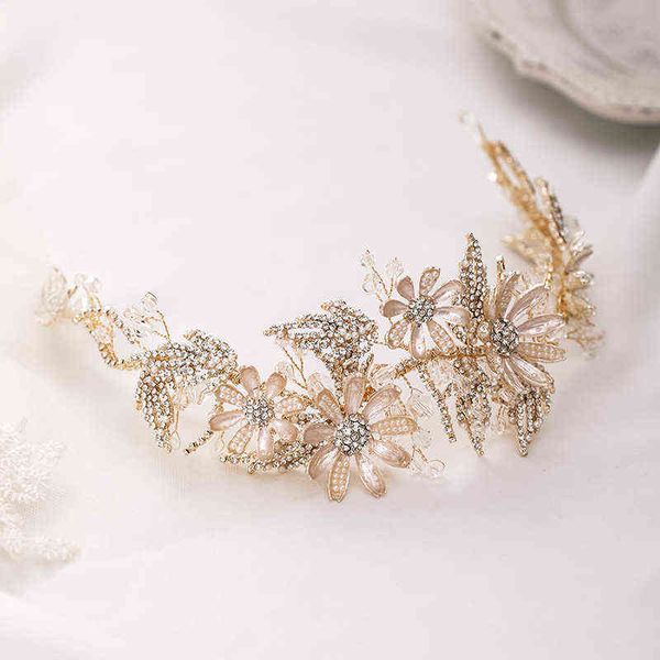 

luxury crystal leaves flower headpieces bridal hair accessories wedding rhinestone tiara headband women crowns headdress jewelry aa220323, Slivery;golden