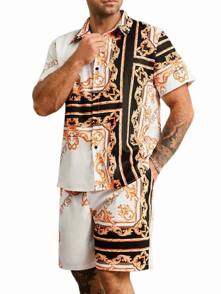 

extended sizes men baroque print shirt with drawstring waist shorts l9rk#, Gray