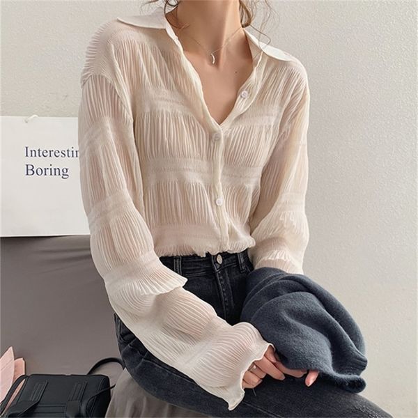 

spring vintage elegant women chiffon blouses casual long sleeve blusas femme turn-down collar solid shirts female 220419, White