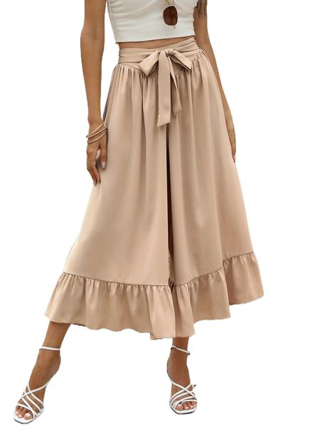 

knot front ruffle hem wide leg pants x1zz#, Black;white