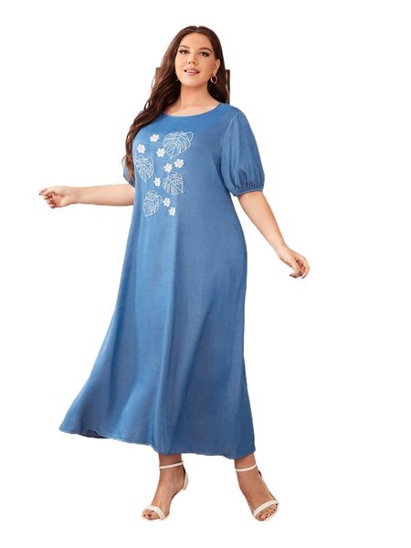 

plus tropical embroidery bishop sleeve dress u9rt#, Black