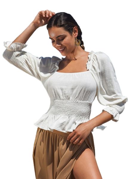 

frill trim shirred waist flounce sleeve peplum blouse i3di#, White