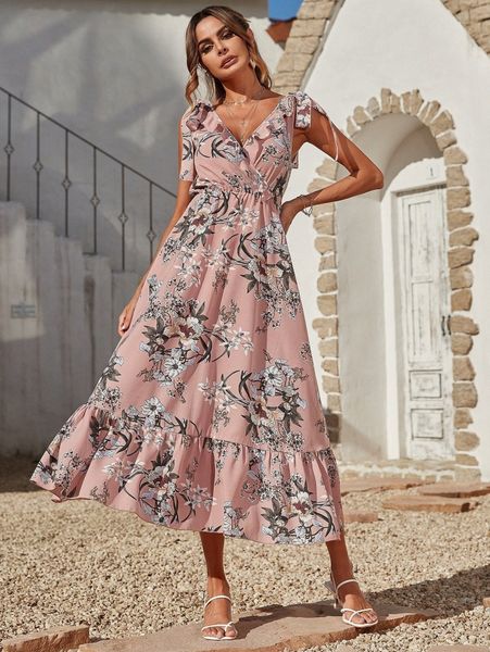 

floral print ruffle a-line dress 44lw#, Black;gray