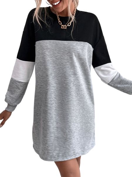 

cut and sew drop shoulder sweatshirt dress d50b#, Black