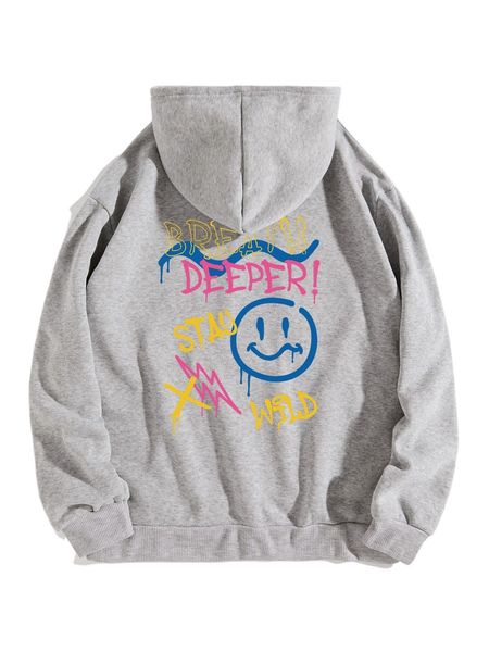 

letter & expression print kangaroo pocket drawstring thermal hoodie b3gg#, Black