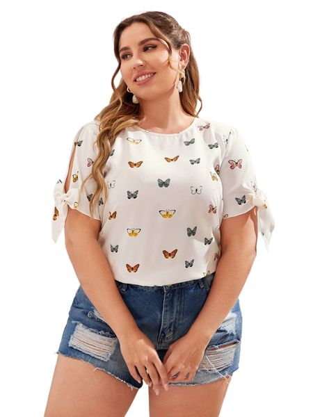 

plus allover butterfly print knot cuff blouse j28a#, Black