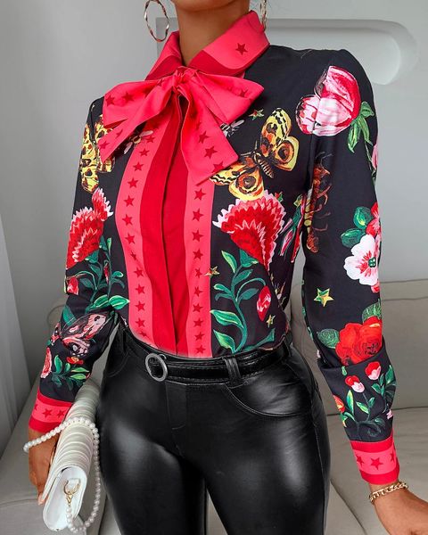 

women's blouses & shirts 2022 women casual autumn turn-down collar chic chiffon blouse tie neck floral butterfly print long sleeve ladi, White