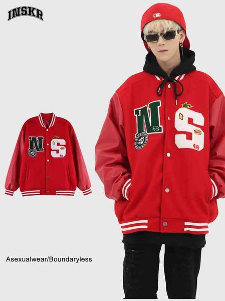 

[inskr store]motorcycle baseball suit self-made ins fashion brand flocking towel embroidered leather sleeve jacket men, Black