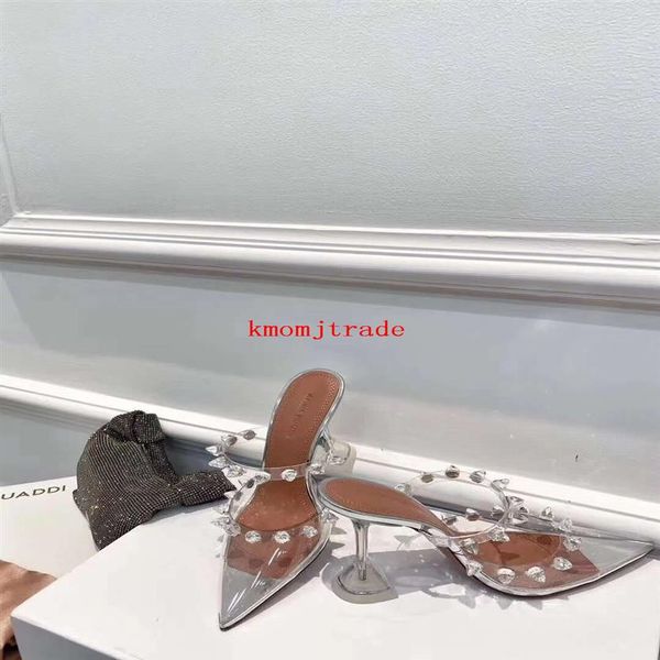 

real pos amina muaddi julia 95mm patent spike sandals fashion julia embellished pvc mules new shoes209a, Black