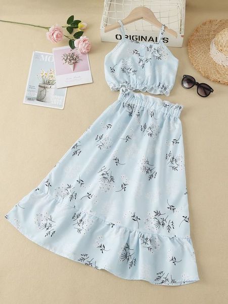 

girls floral print fake button cami & ruffle hem skirt she, White
