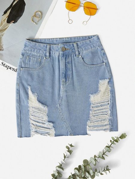 

ripped slant pockets denim skirt d49f#, Black