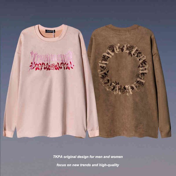 

tkpa american high street suede round neck sweater for men and women ins style guochao embroidery long sleeve t-shirt couples, Black