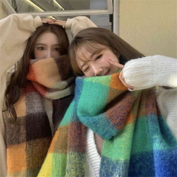 

plaid ac imitation wool cashmere scarf women's rainbow new autumn and winter european american double-sided shawl stars jun, Blue;gray