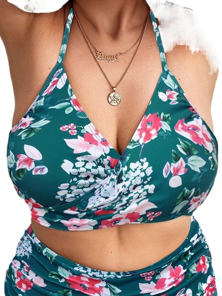 

plus floral print tie backless halter bikini o58h#, Black