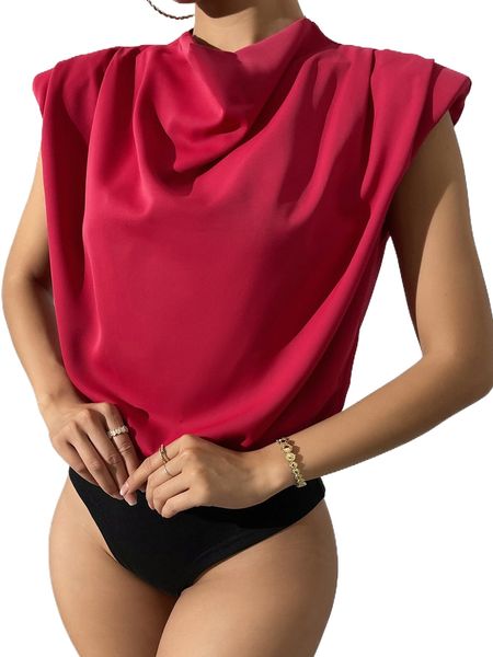 

draped collar shoulder pad keyhole back bodysuit 50ks#, White