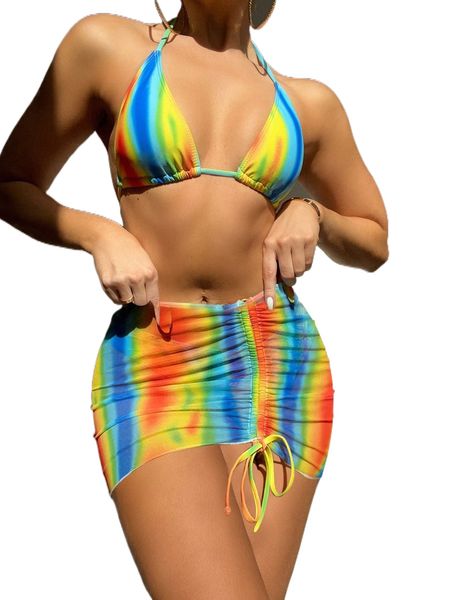 

3pack ombre halter triangle bikini swimsuit & beach skirt v6h6#, White;black