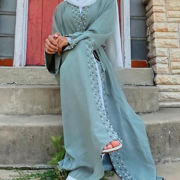 Etnik Giyim Açık Abaya Dubai Kadın Müslüman Elbise Kaftan Türk Gevşek Arap Dant-Up Büyük Salıncak Uzun Robe Boncuklar Kaftan Marocain Abayasethnic
