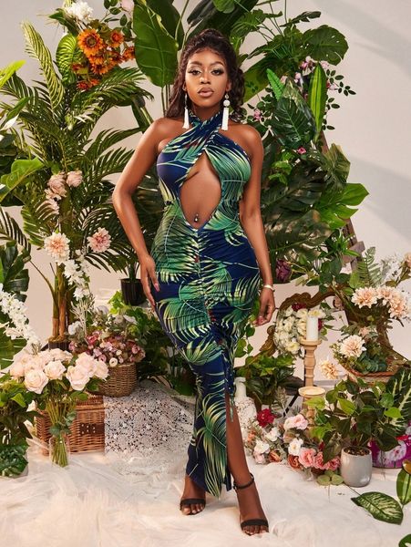 

sxy tropical print cut-out drawstring knot bodycon dress p4my#, Black;gray