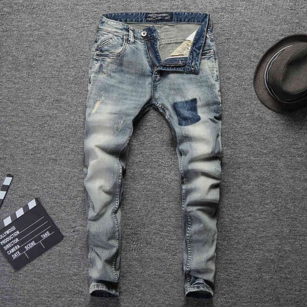 

men's jeans fashionable men's jeans nostalgic light blue washed frayed slim fitting small straight tube pants awhp