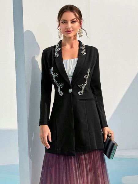 

rhinestone shawl collar single button blazer m5gb#, White