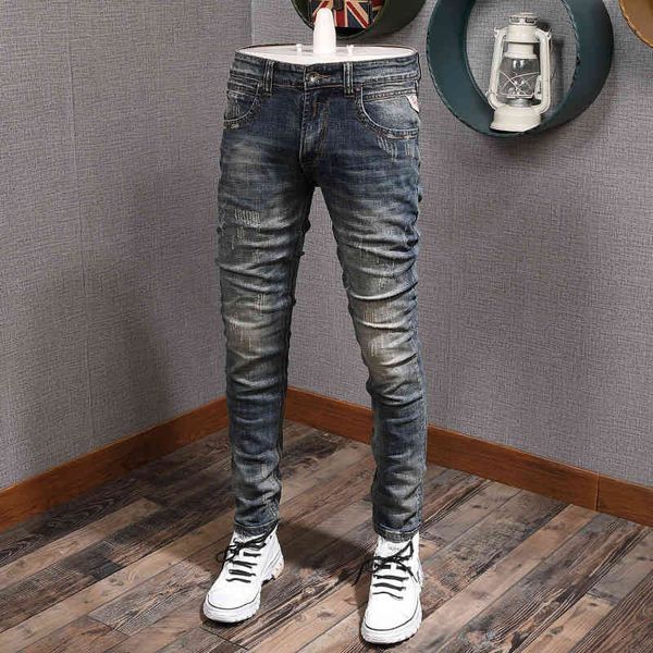 

men's jeans selling fashion men's jeans are worn out washed and street elastic slim fitting pbd2, Blue