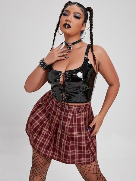 

plus lace up front pu cami m8j7#, Black