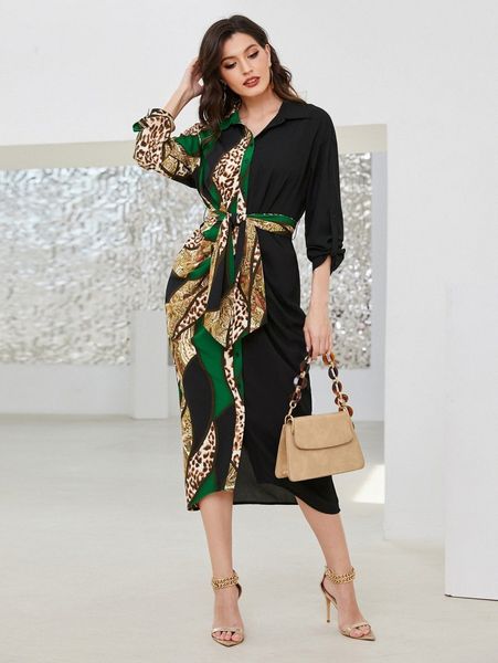 

patchwork print roll tab sleeve belted shirt dress 25i8#, Black;gray