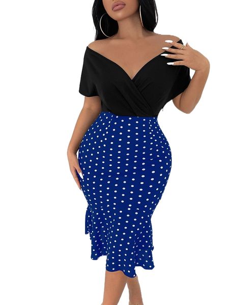 

polka dot off shoulder batwing sleeve mermaid hem dress s3re#, Black;gray