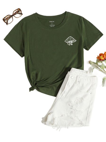 

mushroom print round neck tee j8cf#, White