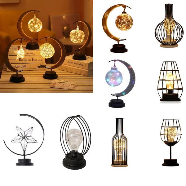 Luci notturne 28 Stili LED Luna Sepak Takraw Linea di lampade Rattan Corda fatta a mano Ferro battuto Luce Decorazioni per la casa Lanterna per dormire