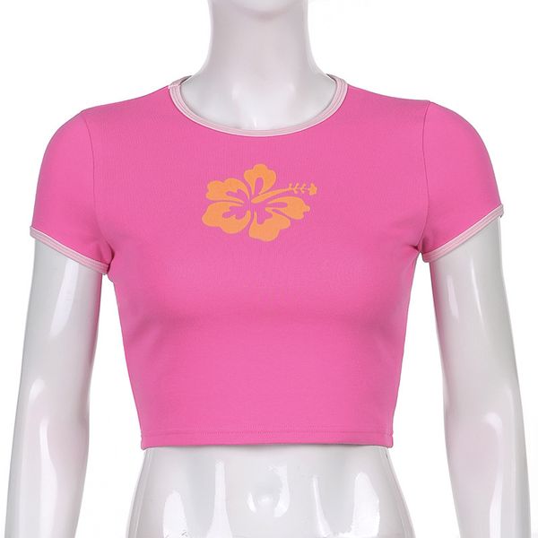 

women's t-shirt pink cute cropped baby tee y2k fashion floral print kawaii streetwear contrast o neck short sleeve woman tshirts, White