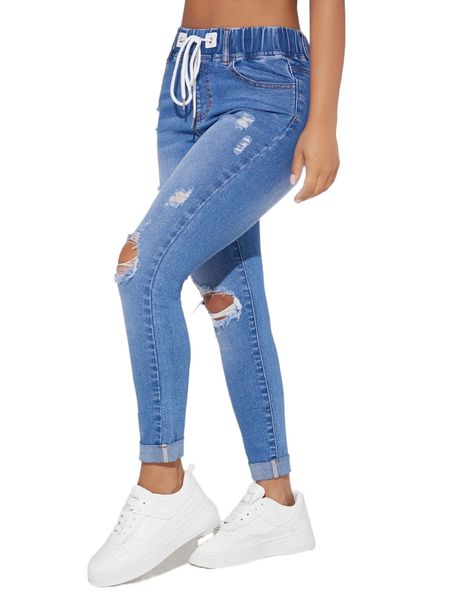 

petite drawstring waist ripped roll up hem skinny jeans s1pi#, Blue