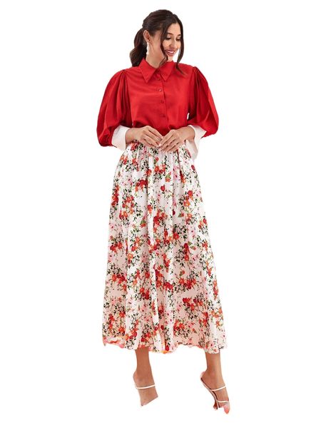

modely lantern sleeve shirt & floral print skirt e3rd#, White