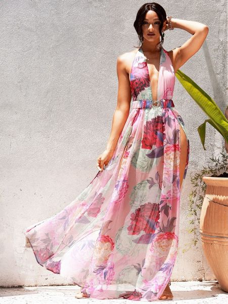 

love&lemonade floral print backless split thigh dress x3p3#, Black;gray