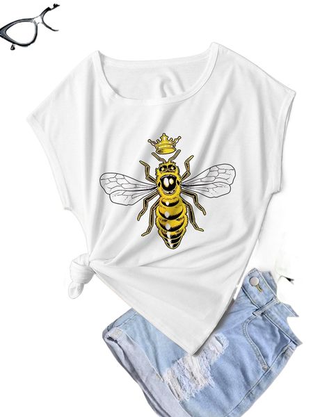 

bee & crown print batwing sleeve tee 220i#, White