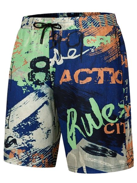 

men letter & brush print drawstring waist shorts p0o8#, White;black