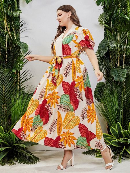 

plus tropical print puff sleeve belted dress d2zc#, Black