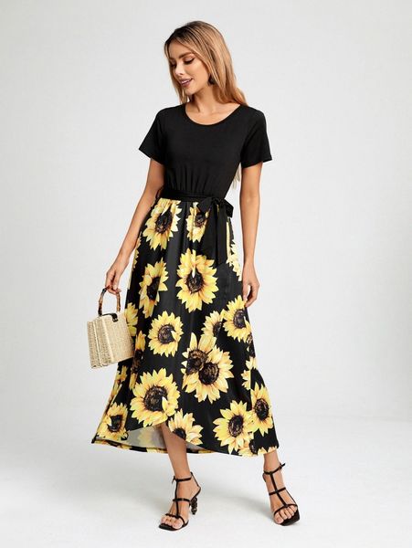 

sunflower print belted wrap hem high low dress l8js#, Black;gray