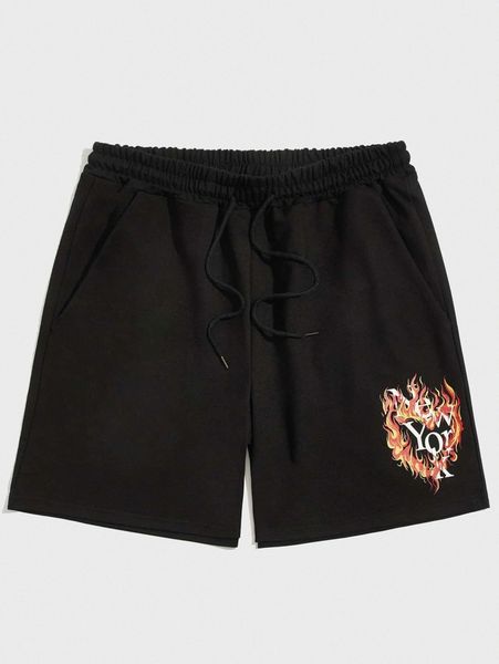 

romwe guys fire letter graphic drawstring shorts 25ri#, White;black