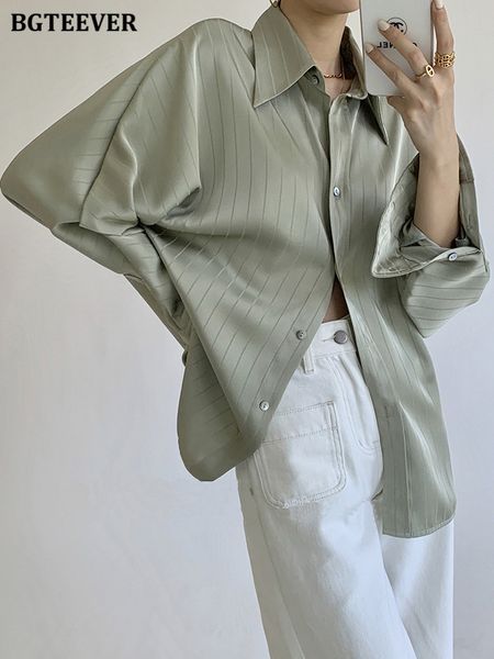 

chic vintage turn-down collar ladies striped shirts long sleeve single-breasted loose female satin blouses 2022 spring, White