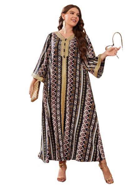 

plus geo print tape trim tunic dress r2zs#, Black