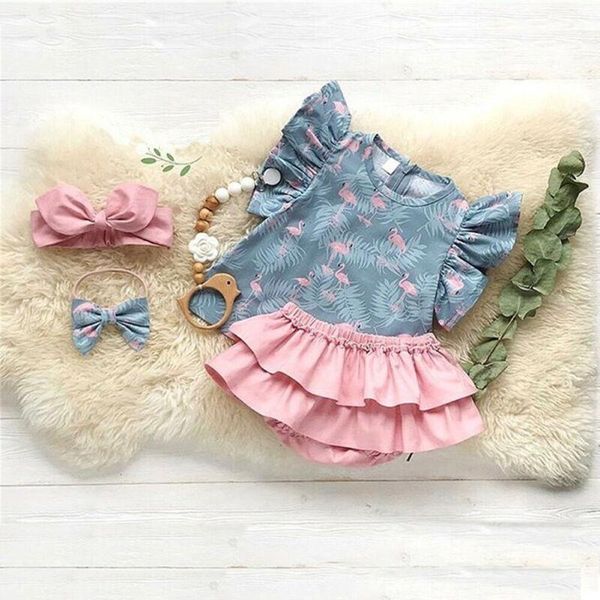 Kleidungssets Süßes Fashion Born Outfits-Set Rosa Stirnband Ärmellos Flamingo Baby-Mädchen Säugling Sommer Tops Culottes Shorts 3-teilig PrincessClot